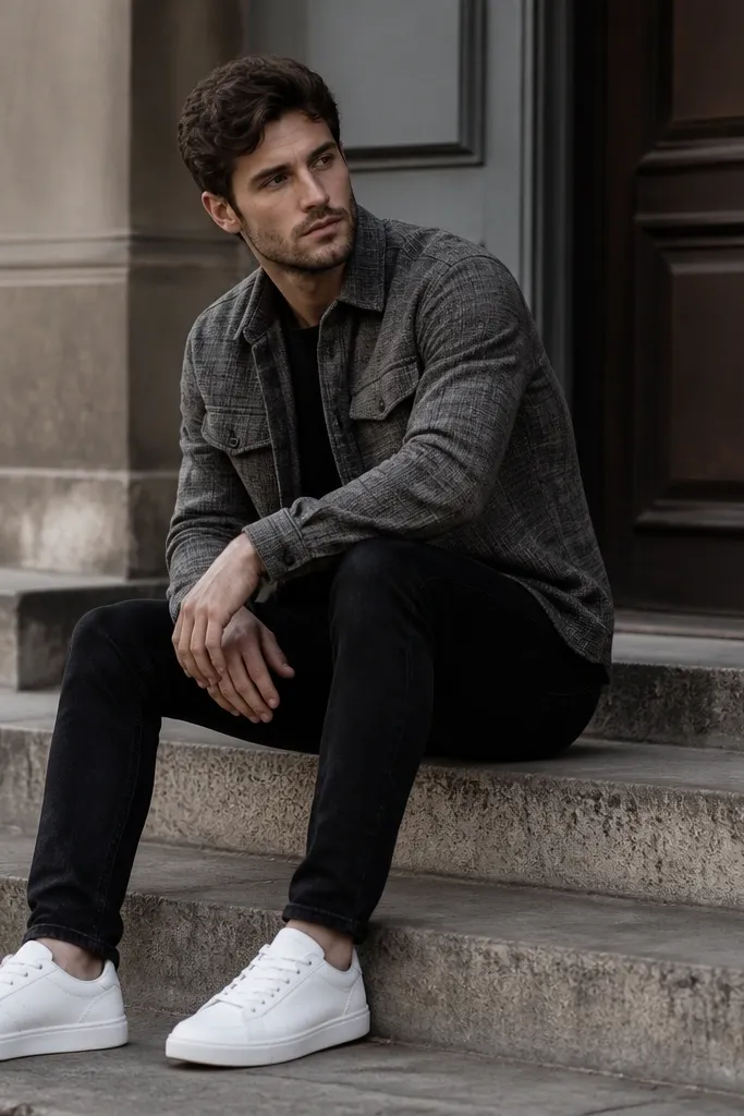 A man wearing a gray flannel with black jeans but bright white sneakers. The stark shoe contrast makes the outfit look disconnected. The rest of the outfit is muted.