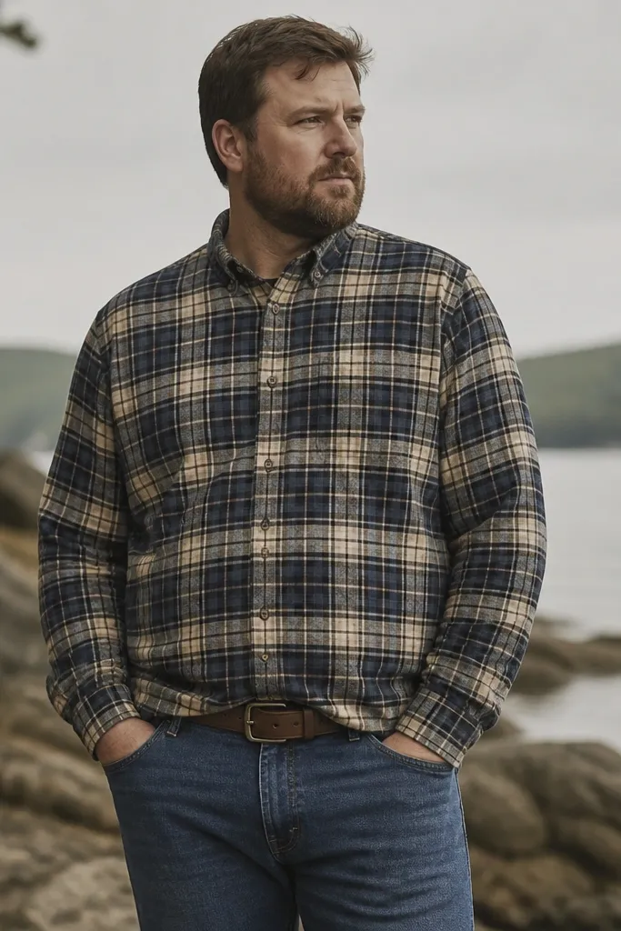 A man wearing a flannel shirt closed and untucked over jeans. The shirt hangs loosely over the waistband and creates extra fabric at the belly. A brown leather belt is visible but not doing much.