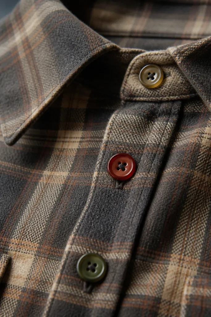 A close-up of flannel buttons that look glossy and mismatched. The buttonholes are uneven and the collar looks stiff. The fabric is fine but the hardware stands out.