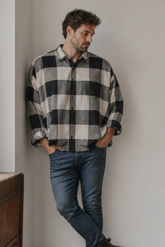 A man with a very large-check flannel paired with slim jeans. The oversized plaid makes the torso look wider and the checks look distorted across the chest.