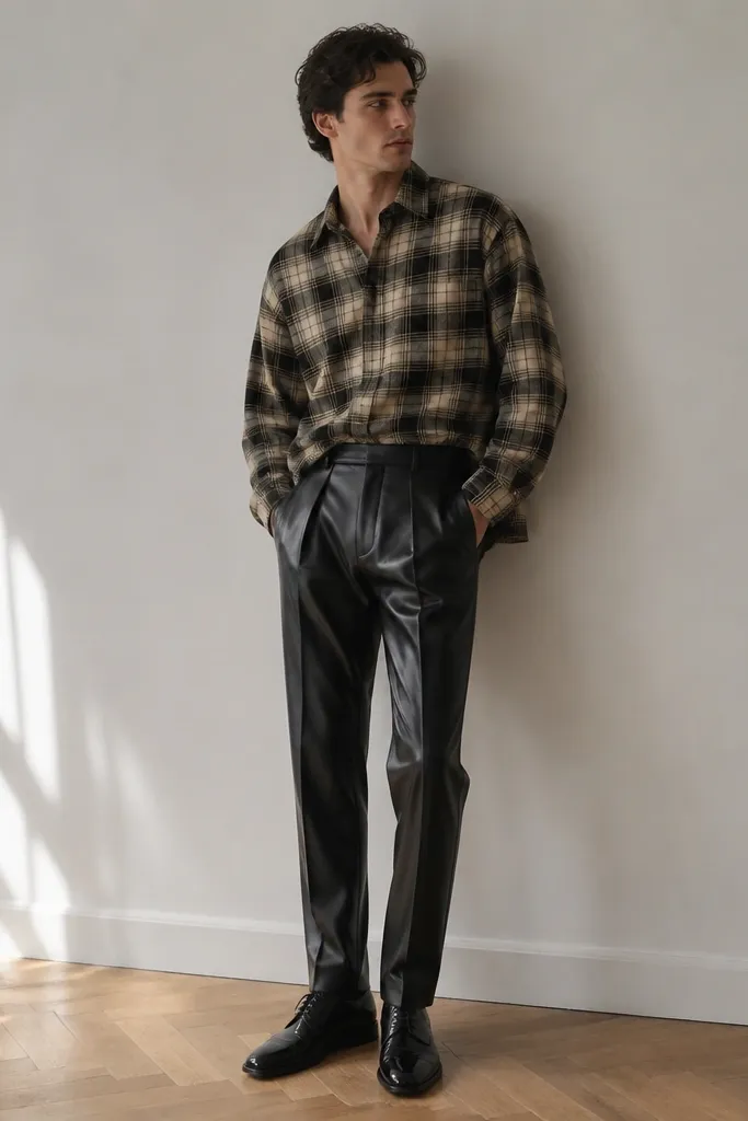 A man wearing a flannel shirt with shiny dress pants. The pants have a slick finish and reflect light. The outfit looks mismatched: casual top with formal bottom.