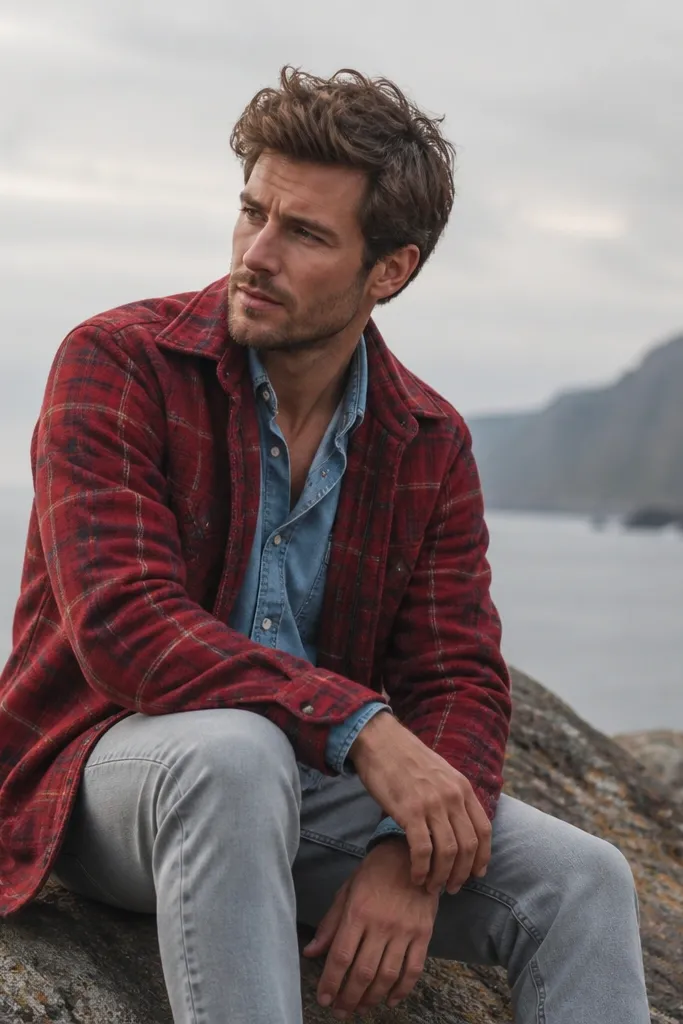 A man wearing a warm red flannel with a cool-toned icy blue shirt and light gray jeans. The colors look off together, and the outfit reads washed out.