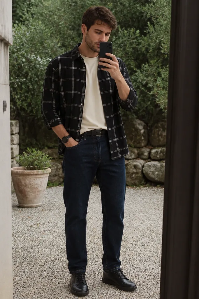 Man standing outdoors in a mirror selfie. He wears a cream crewneck tee under a black flannel shirt with white plaid lines. The flannel is open and partially tucked at the front into dark indigo jeans; the hem sits slightly below the belt. He has black leather sneakers and a simple black watch.