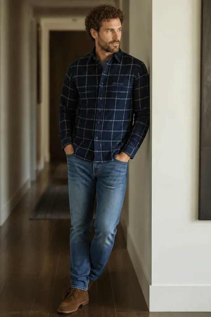 Man in an indoor hallway wearing a navy flannel buttoned fully. The flannel has lighter blue and white windowpane stripes. Underneath is a heather gray crewneck tee. He wears medium-wash jeans and brown suede chukkas; the fit looks trim through the chest and the hem hits mid-hip.
