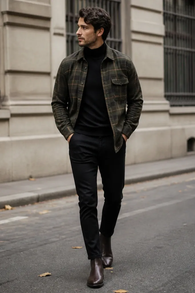 Person in a street photo wearing an olive green flannel open like an overshirt. A black turtleneck sits snug underneath. The flannel has tan plaid lines. They wear black slim pants and dark brown Chelsea boots.