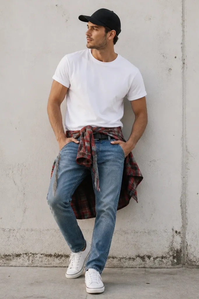 Man in a casual photo wearing a solid white tee and blue jeans. A red-and-gray plaid flannel is tied around his waist with the hem lifted, showing the belt line. He has a black baseball cap and white low-top sneakers.