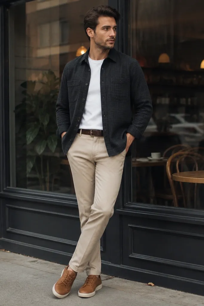 Man standing in front of a cafe window wearing a charcoal flannel overshirt open over a white tee. He wears beige chinos and a dark leather belt. His shoes are tan leather loafers or low sneakers; the outfit looks balanced and clean.