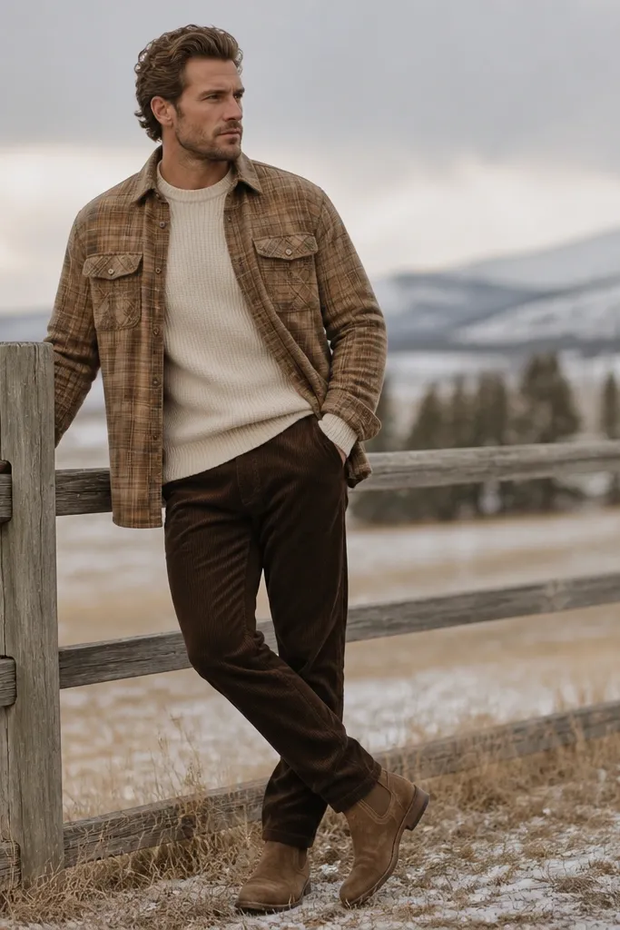 Man in cold weather wearing a tan flannel shirt worn open over a cream ribbed knit sweater. The collar of the knit peeks out. He wears dark brown corduroy pants and suede boots.