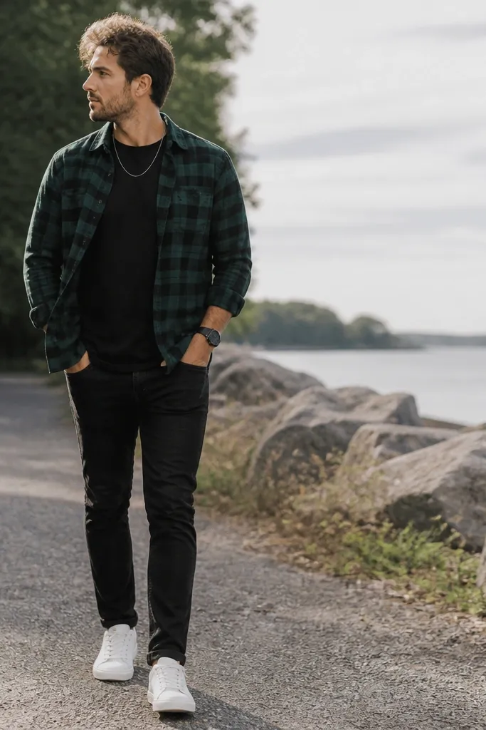 Man outdoors wearing a black watch plaid flannel shirt (green-black tartan style). The shirt is worn open over a black tee. He has black jeans and white sneakers. A simple chain necklace is visible at the collar.