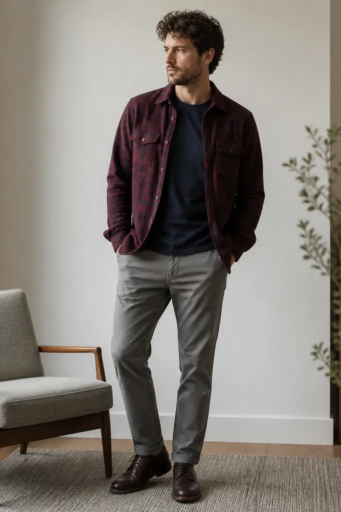 Man indoors wearing a burgundy flannel overshirt open. Under it is a navy crewneck tee. He wears medium gray chinos and dark leather lace-up shoes.