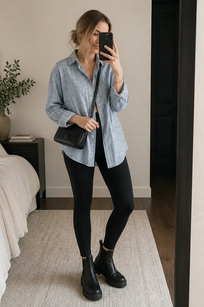 Women's-styled outfit in a mirror shot: a light blue flannel-like shirt or chambray overshirt worn open over black leggings. The shirt has a subtle check pattern. She wears black Chelsea boots and a small crossbody bag.