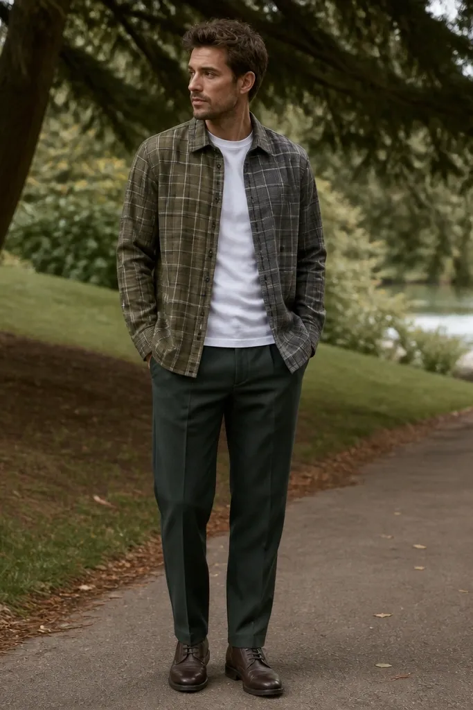 Man in a park wearing a two-tone flannel overshirt (olive and gray plaid). It is worn open over a white tee. He wears dark green trousers and dark brown boots. The outfit looks structured, with clean lines at the hem and cuffs.