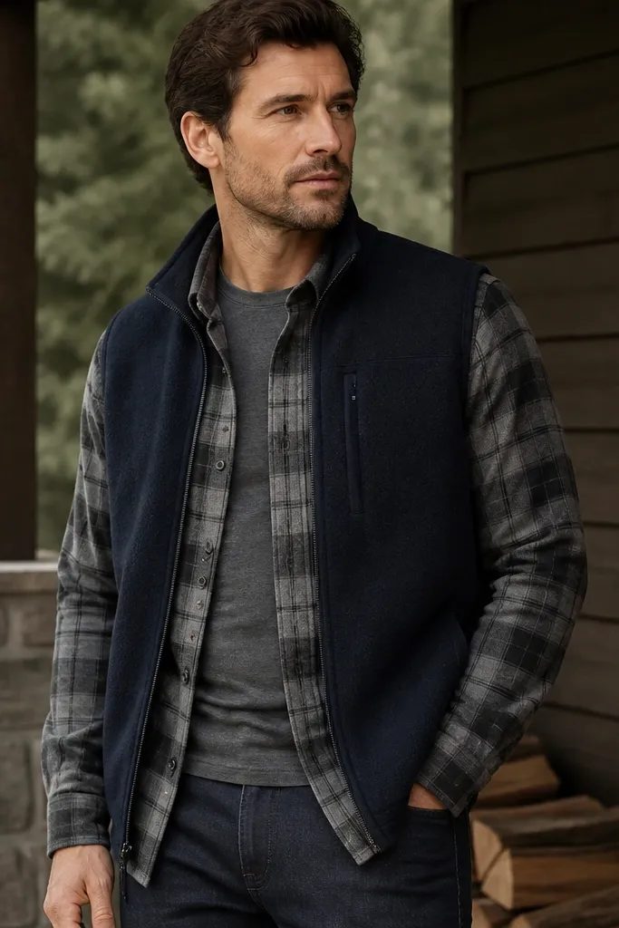 Man wearing a wool vest over a flannel shirt. The flannel is muted (gray and charcoal) and the vest is dark navy. He wears a fitted tee underneath the flannel and dark jeans. The overall look is layered and neat.