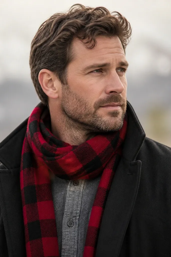 Man photographed from the chest up wearing a solid flannel shirt (gray or dark) with a buffalo plaid scarf wrapped around the neck. The scarf has red-and-black checks. He wears a dark coat or jacket in the background, but the flannel is the focus.