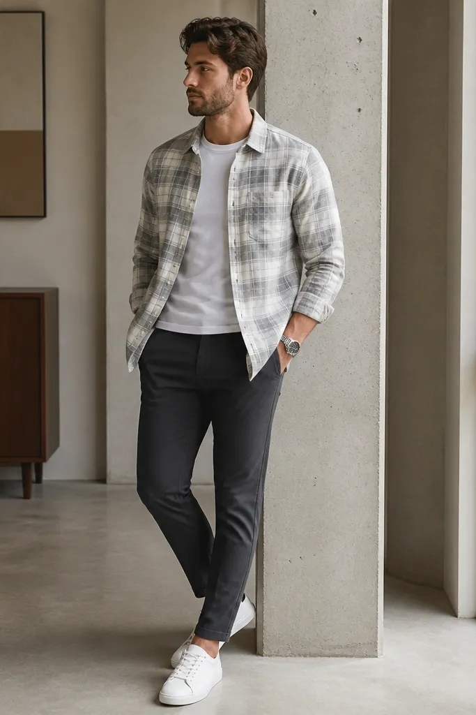 A light grey and white plaid flannel worn open like an overshirt. A fitted white T-shirt shows underneath. Charcoal chinos are tapered and neatly pressed. Clean white low-top sneakers and a simple silver watch sit on the wrist.