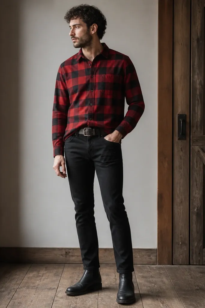 A red buffalo plaid flannel worn buttoned, half-tucked at the front. The back hangs loose. Black slim straight jeans and black Chelsea boots. A dark brown leather belt is visible.