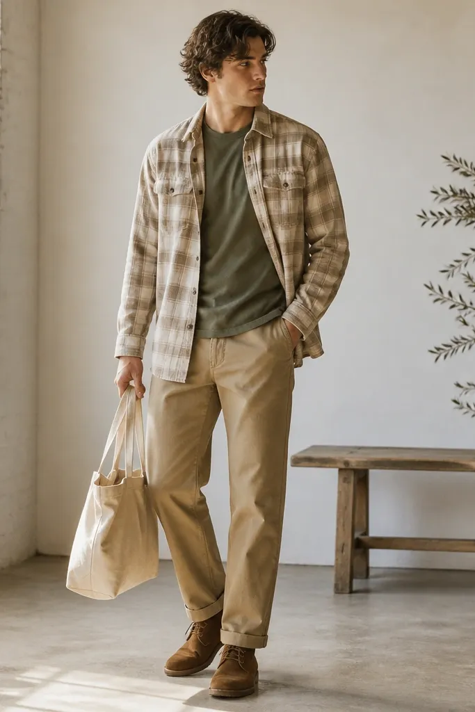 An oatmeal plaid flannel worn open over an olive green tee. Tan work pants with a slightly relaxed fit. Suede chukka boots and a canvas tote bag.