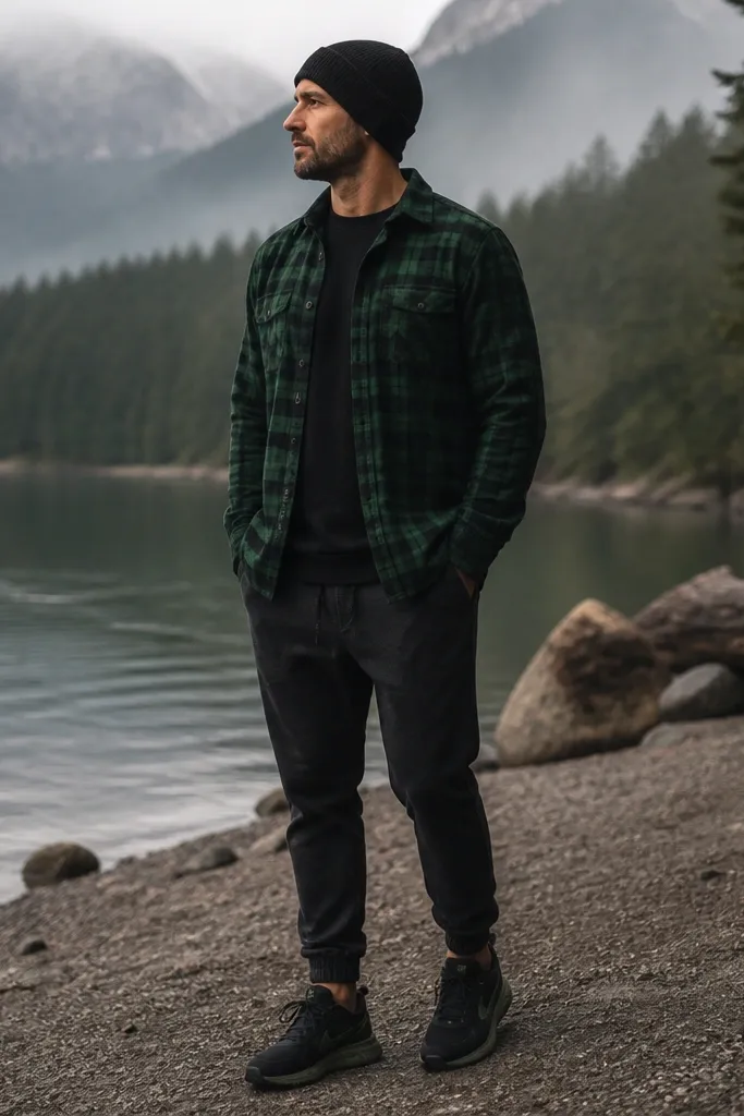 A deep green plaid flannel worn open over a black long-sleeve shirt. Washed black joggers with a tapered ankle. Black-and-green running shoes and a black beanie.