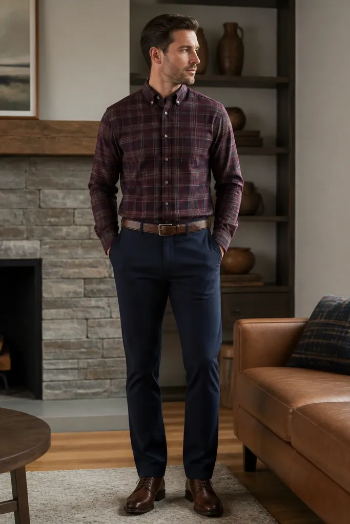 A burgundy plaid flannel fully buttoned. Navy chinos are straight and neatly hemmed. A brown leather belt and dark brown leather shoes. No hat, just a clean hairstyle.