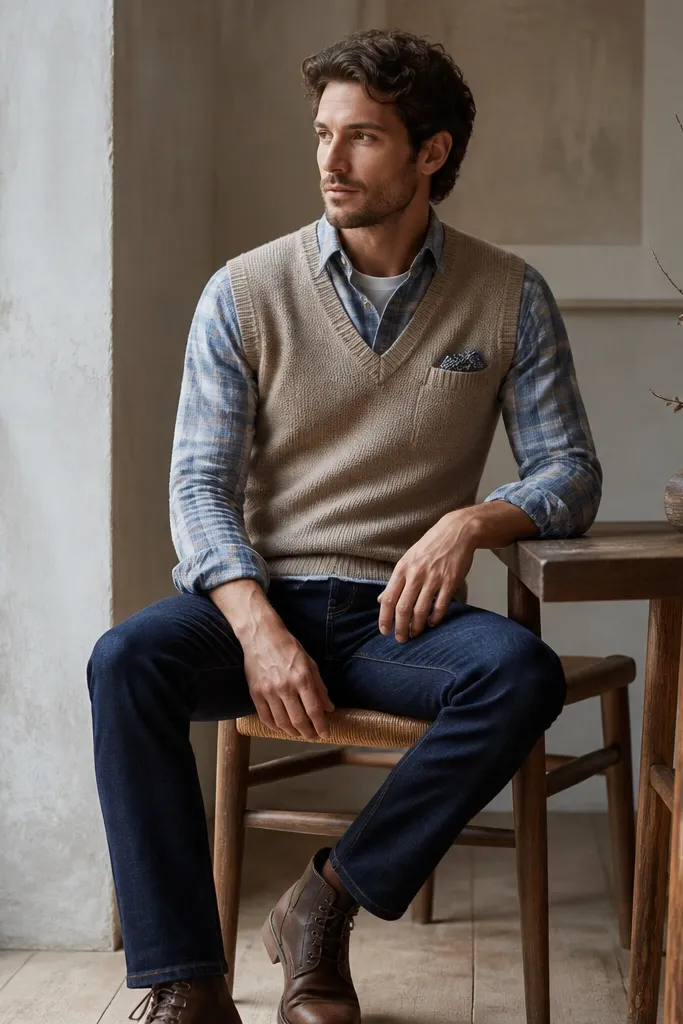 A pastel blue plaid flannel worn layered under a beige sweater vest. Dark jeans sit straight. A white knit tee peeks at the collar. Brown leather boots and a patterned pocket square in the vest pocket.