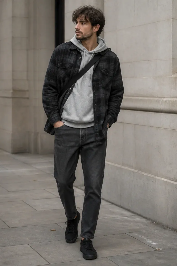 A black plaid flannel worn open over a grey hoodie. Charcoal denim jeans are straight and slightly tapered. Black sneakers and a black crossbody bag strap visible.