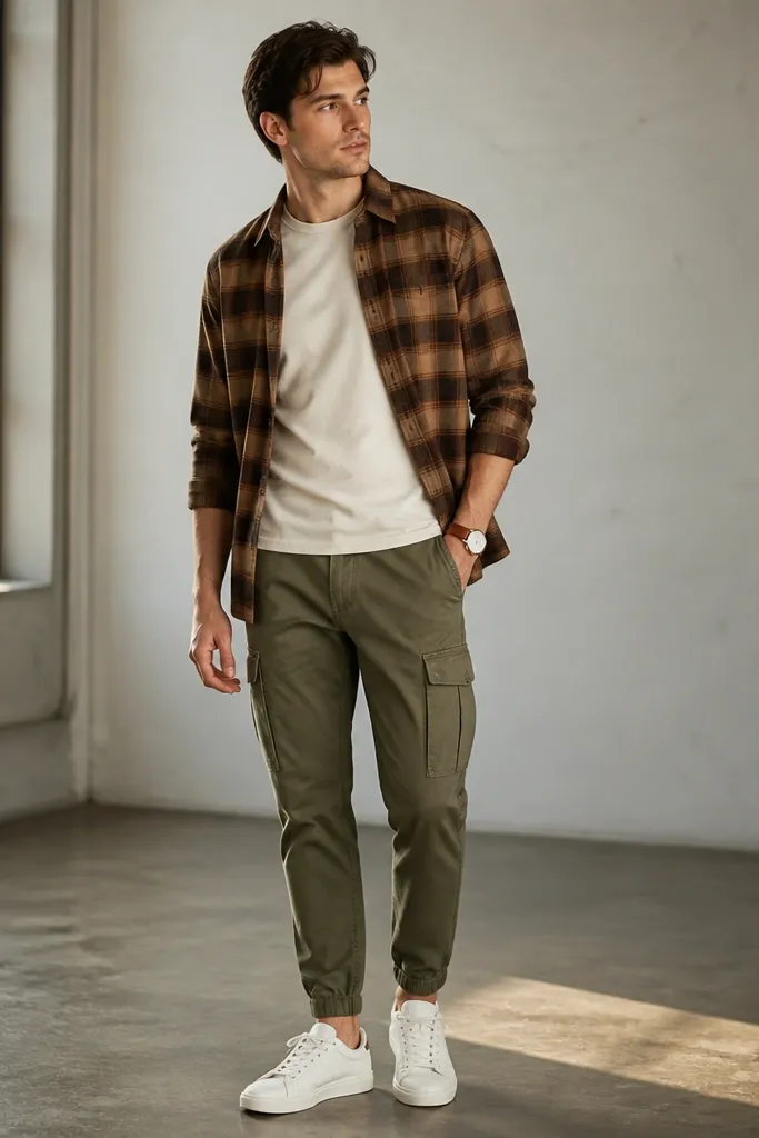 A brown plaid flannel worn open over a cream crew tee. Olive cargo pants with visible pockets and a tapered ankle. White sneakers and a simple leather watch.