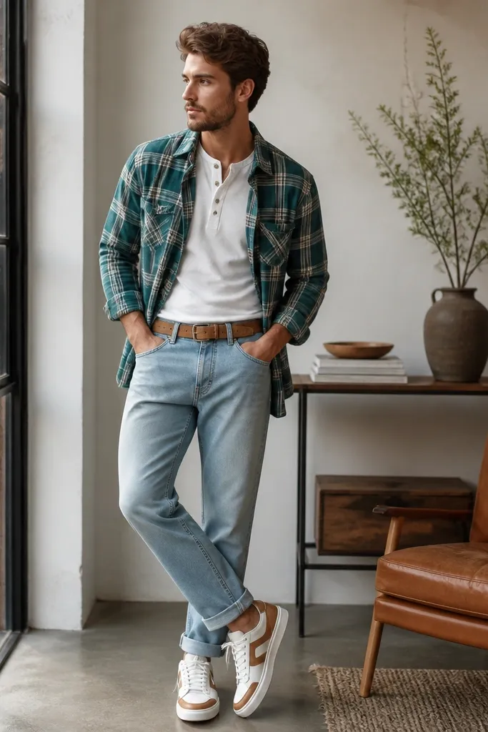A teal plaid flannel worn open over a white henley. Light wash straight jeans with a slight cuff at the ankle. White-and-brown sneakers and a tan suede belt.