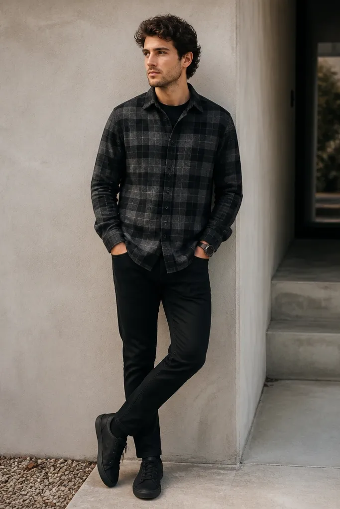 A charcoal plaid flannel worn buttoned over a black crew tee. Tapered black denim with a clean hem. All-black sneakers and a simple black watch.