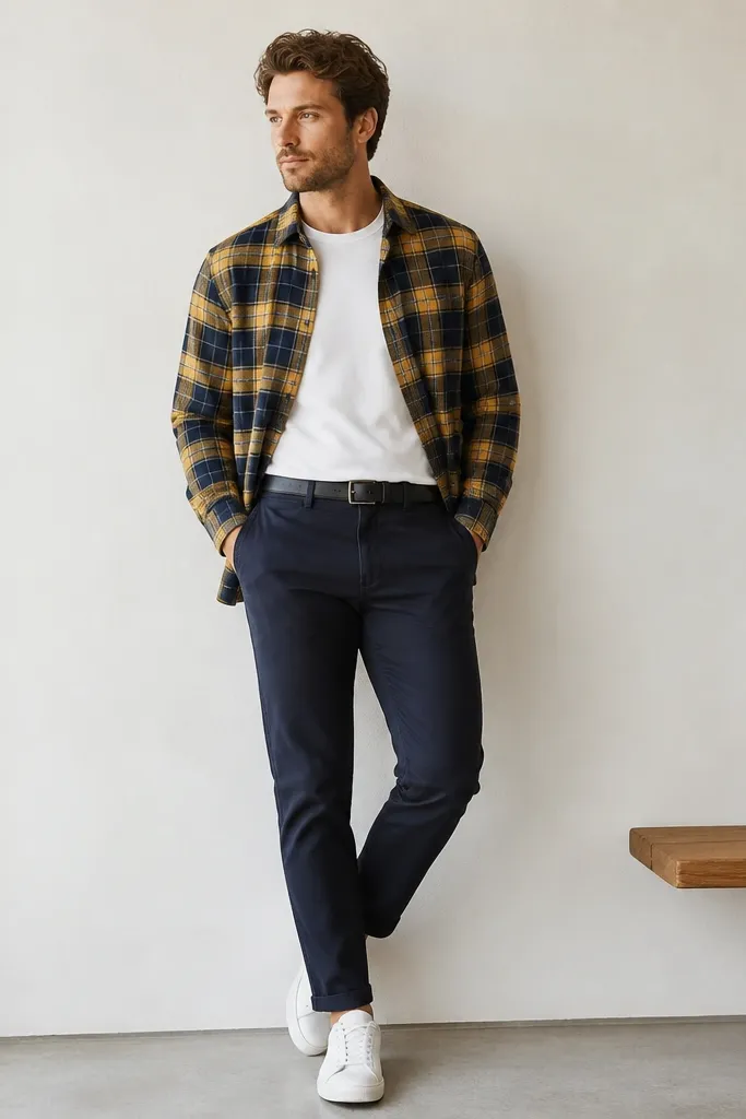 A yellow and navy plaid flannel worn open over a white tee. Navy chinos are straight and cropped just above the shoe. White sneakers and a navy belt.