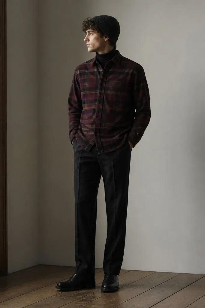 A burgundy plaid flannel buttoned over a black turtleneck. Dark wool trousers hang straight with a slight break. Black leather boots and a charcoal beanie.