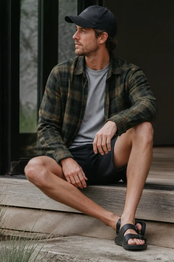 A green plaid flannel with camo-like tones worn open over a grey crew tee. Black shorts mid-thigh. Black sandals or slip-on shoes and a dark cap.