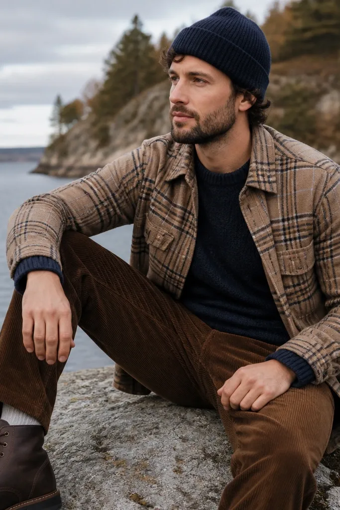 Tan plaid flannel worn open over a navy knit sweater. Brown corduroy pants with a visible wale texture. Dark brown boots and a knit beanie.