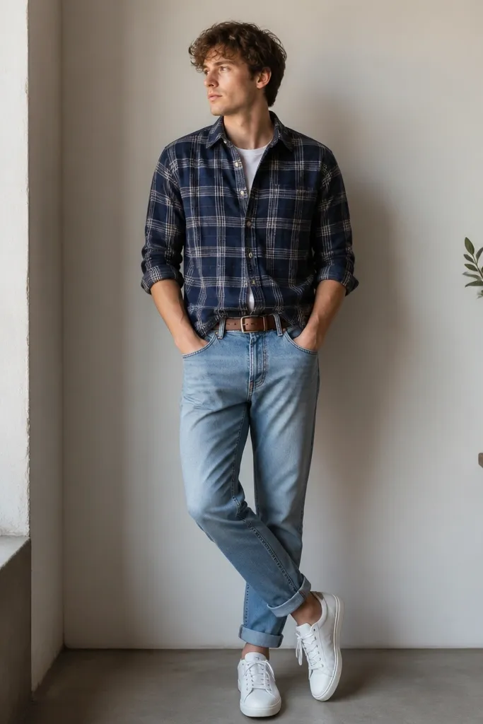 An indigo plaid flannel worn as a buttoned shirt with the sleeves rolled. A white tee is underneath. Light blue denim jeans with a cuff and a simple brown belt. White sneakers.