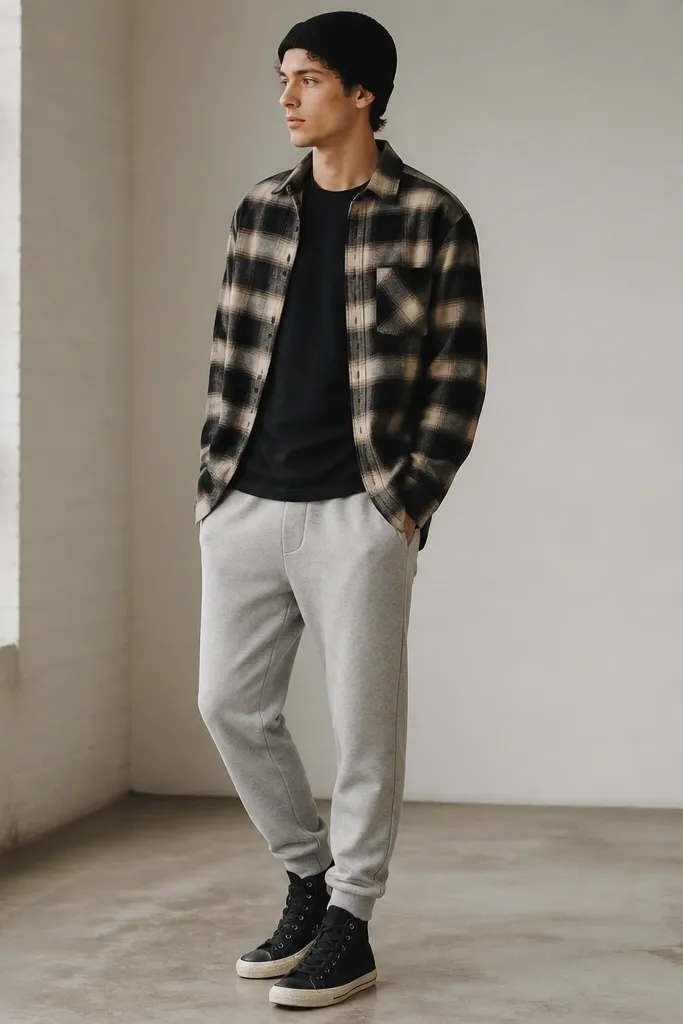 A black-and-cream plaid flannel worn open over a black tee. Grey sweatpants with a tapered cuff. Black high-top sneakers and a black beanie.
