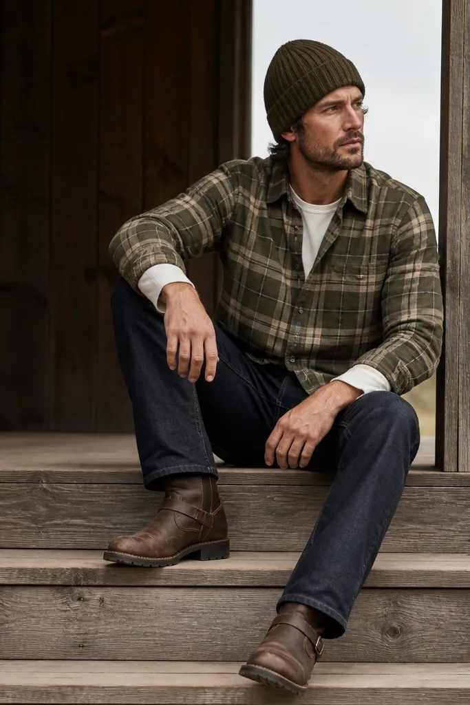 An olive plaid flannel buttoned halfway with a white long-sleeve underneath. Dark denim jeans with a slight over-the-boot hem. Brown engineer boots and a knit cap.