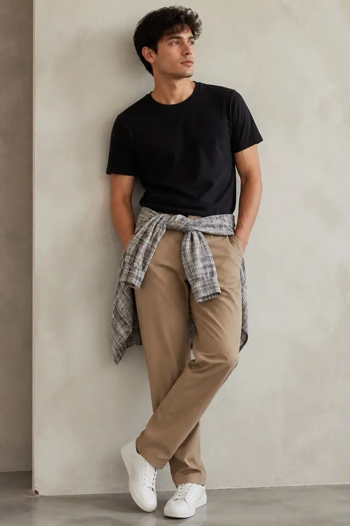 A model wearing a flannel shirt tied at the waist like a scarf. The main outfit is a solid black tee, straight tan pants, and simple white sneakers. A light grey flannel tied around the waist shows plaid pattern.