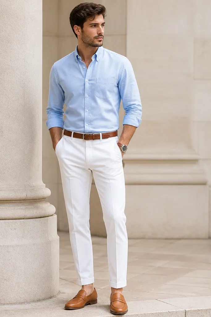 A light blue Oxford button-up tucked into crisp optic white tapered chinos. Tan leather loafers and a medium-brown belt. A simple silver watch on the wrist; the outfit looks clean and photo-ready.
