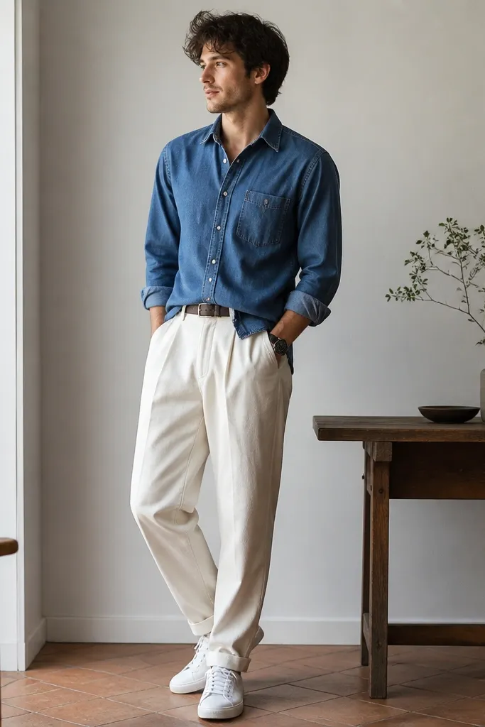 A mid-blue denim button-up worn untucked over off-white pleated trousers. Clean white low-top sneakers. The outfit has a relaxed, slightly artsy vibe with a visible belt and a simple dark watch.