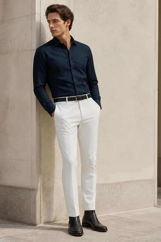 A deep navy button-up tucked into bright white tapered pants. Black Chelsea boots and a black belt. The silhouette is sharp with a clean line from shirt hem to boot.