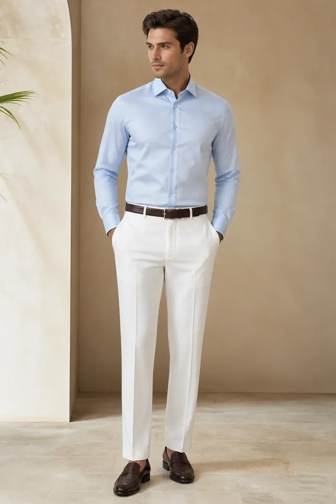 A powder blue dress shirt fully buttoned and tucked into white suit trousers. Dark brown loafers and a dark brown belt. The shirt looks smooth and the trousers have a clean crease.