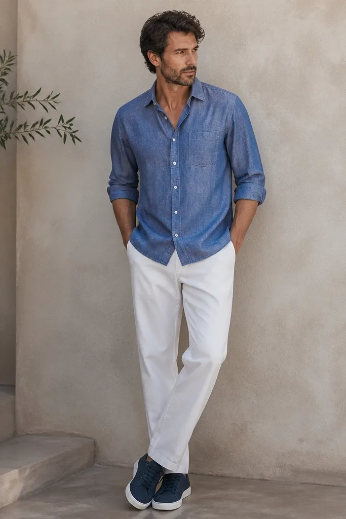 A blue chambray button-up worn untucked with sleeves rolled, paired with white straight-leg pants. Navy sneakers with white soles. The outfit looks casual with a slightly rugged fabric texture.