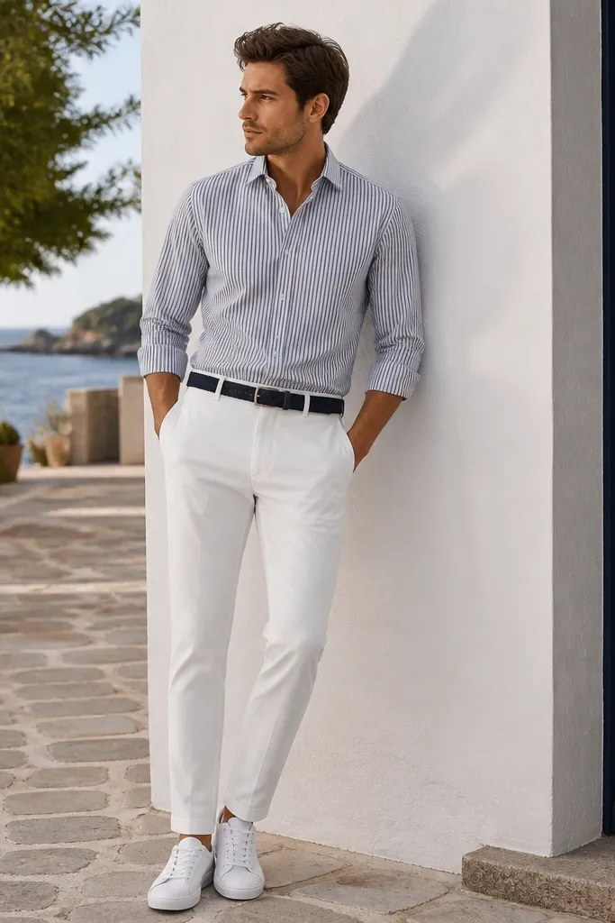 A navy-and-white striped button-up worn tucked into white tapered pants. White sneakers and a dark belt. The stripes are subtle and the outfit looks clean and sporty.
