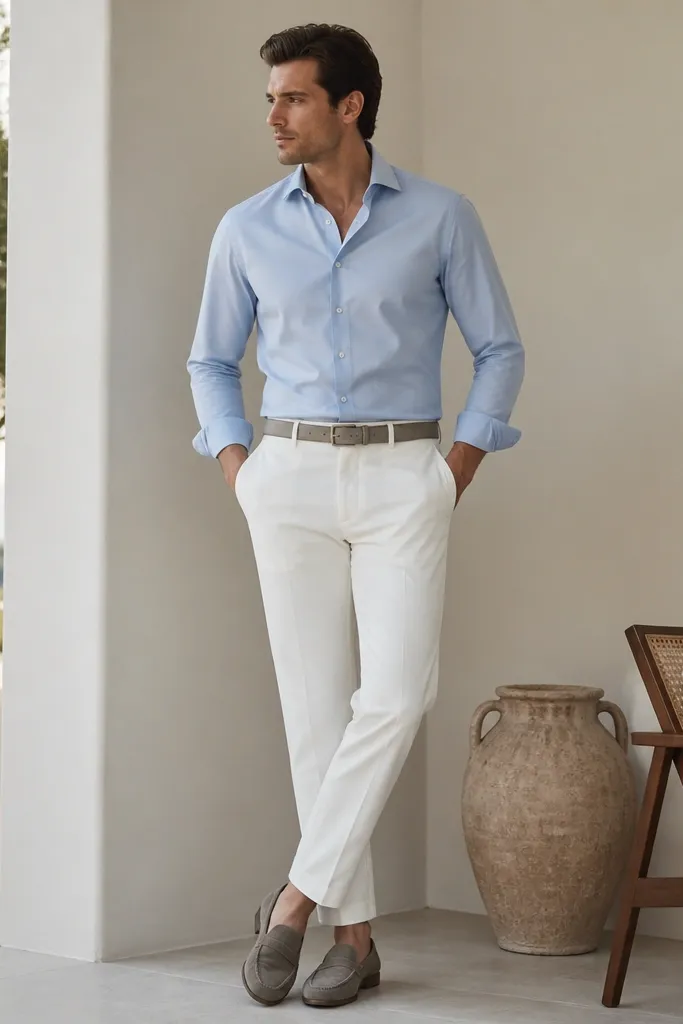 A blue poplin button-up tucked into white chino pants with a slight taper. Grey suede loafers and a neutral belt. The fabric looks smooth and structured.