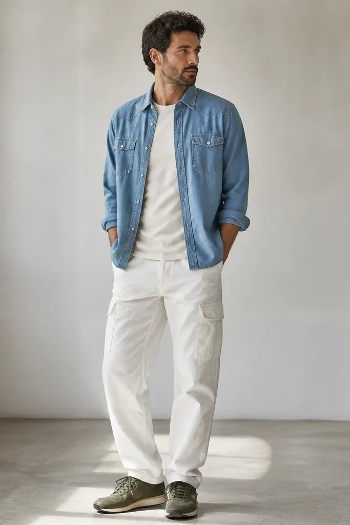 A chambray overshirt worn open over a plain tee, with white utility pants and olive sneakers. The utility pants have pockets and a slightly rugged look.