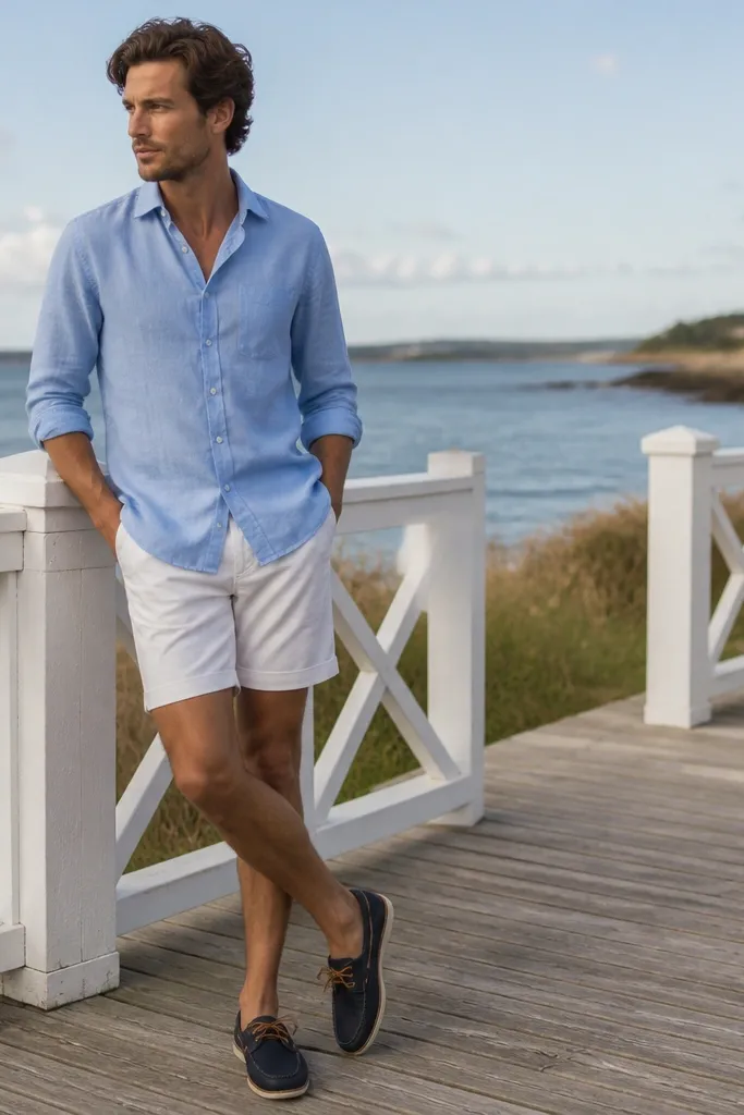 A light blue button-up worn untucked over white shorts, with navy boat shoes. The shirt sleeves are rolled and the outfit looks coastal-casual.