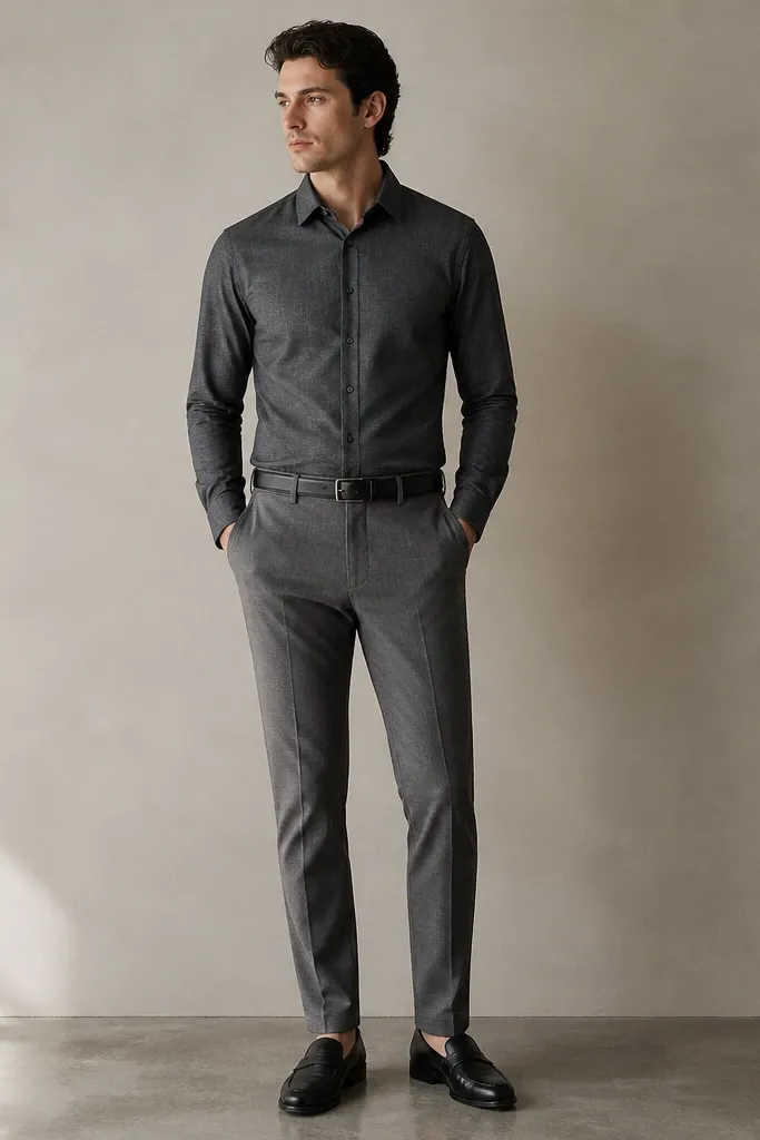 A charcoal-grey button-down shirt with a clean collar and subtle texture is tucked into grey trousers made of a stretchy, smooth knit. The shoes are black leather loafers with a simple strap. A dark belt matches the loafers; the outfit is shown standing in front of a neutral wall.