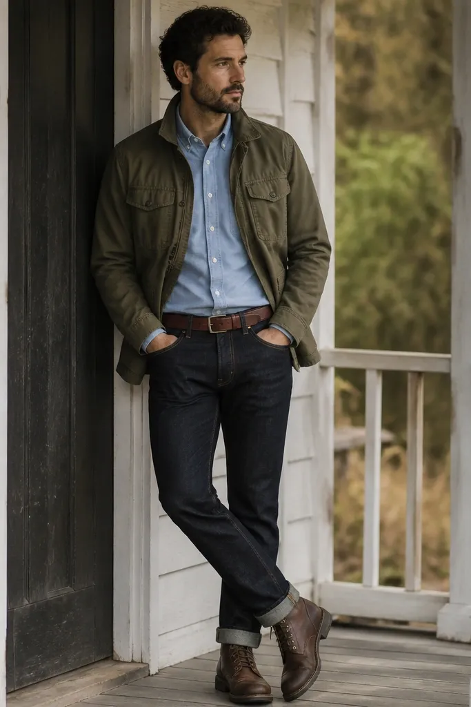 An olive field jacket with a slightly worn texture is layered over a light blue Oxford button-down. Dark navy or near-black denim jeans are cuffed slightly at the ankle. The shoes are dark brown leather boots, and the belt is the same brown tone.