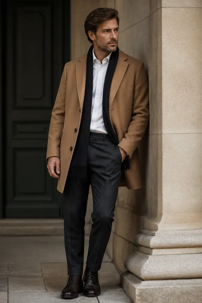 A short camel overcoat with a notched lapel is worn over a white Oxford cloth button-down. The trousers are medium charcoal wool-blend, and the shoes are dark leather lace-up boots. A dark scarf is shown folded neatly, not bulky.