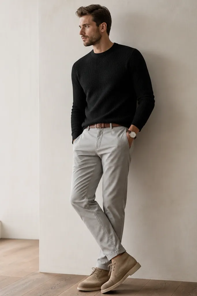 A black crewneck knit sweater is paired with light grey chinos. The shoes are tan or sand suede chukka boots with a crepe sole. A simple brown leather belt and a minimal watch are visible.