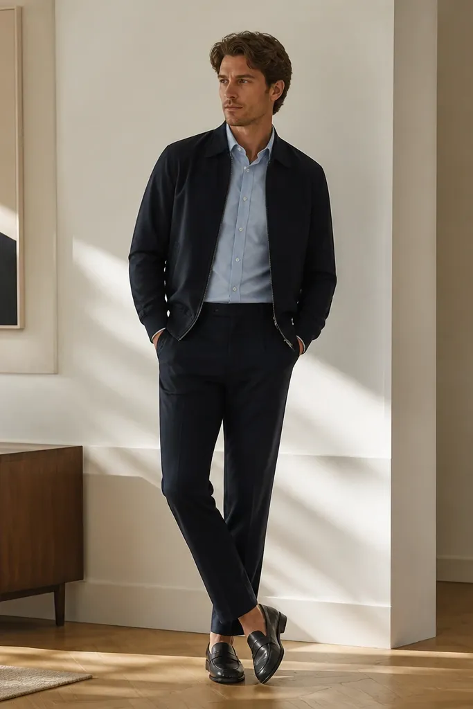 A light blue button-down shirt is tucked into navy trousers. Over it sits either a simple bomber jacket in dark navy or a cardigan with a clean front. The shoes look like dark loafers or low-profile sneakers in leather.